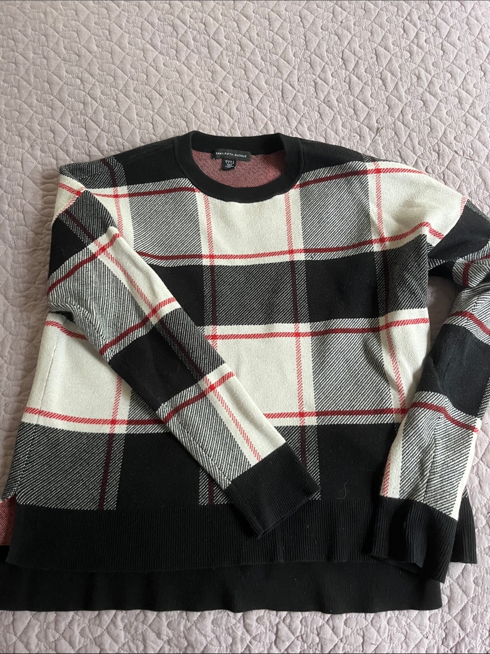 Saks Fifth Avenue Black, Cream & Red Plaid Crewneck Sweater